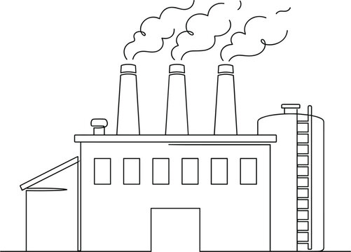 Industrial factory building vector continuous line art with smoke stacks and storage tank illustration