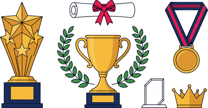 Golden Award Trophy and Medal Vector Set Featuring Star Trophy Cup Laurel Wreath Graduation Diploma Scroll Crown and Plaque Icons