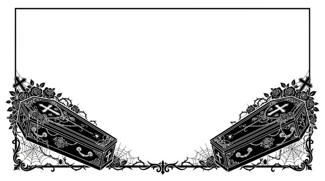 Halloween border Gothic halloween border with coffins and roses, spooky victorian frame for invitations, dark occult funeral decorative banner isolated on White Background editable svg