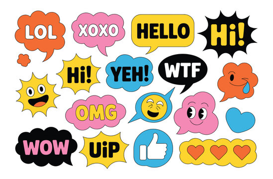 Speech Bubbles and Emoticons: A vibrant collection of comic-style speech bubbles and quirky emoticons expressing a range of emotions and exclamations, perfect for adding a pop of fun to any design.