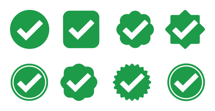 Set of Green Checkmarks: A collection of eight distinct green checkmark icons, presented in various shapes including circles, squares, and decorative styles, symbolizing confirmation, approval.