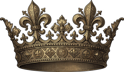 Vintage hand drawn golden royal crown with decorative fleur de lis elements isolated on white background vector illustration template © Rashidul