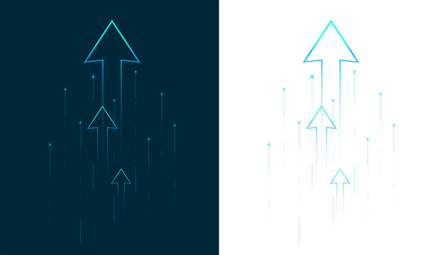 Blue neon light arrow up rise for future digital growth success isolated on transparent png background