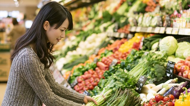スーパーの新鮮な野菜コーナーで食材を吟味し選んでいる女性