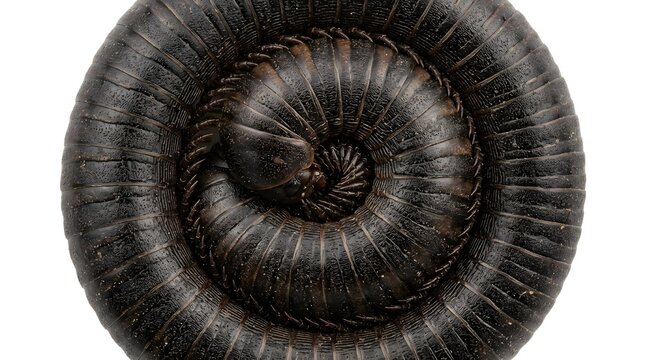 Large black millipede curls into a defensive spiral shape on a level surface as a natural reaction to potential threats displaying segments and textures of this fascinating invertebrate