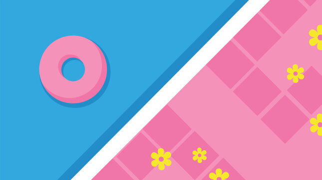 Minimalist swimming pool background, top view of blue water with pink float ring, summer poolside tiled deck vector