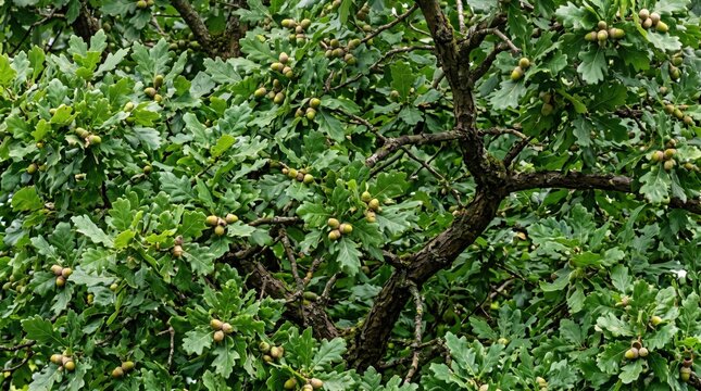 Dense foliage of an oak tree with numerous small green acorns hanging from thin brown branches, captured in a close-up view of the canopy during the summer season