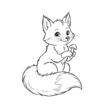 Cute fox cub holding a mushroom line art illustration for coloring book page