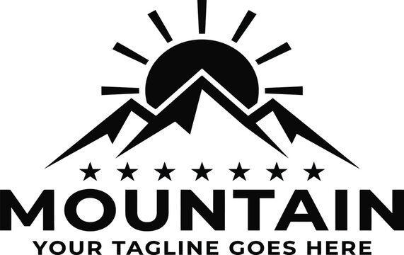 Minimalist Mountain Peak Logo with Sun and Stars Vector Illustration. Perfect for Outdoor Adventure, Hiking, Camping, Nature Branding, and Travel. Sleek Black and White Silhouette Emblem.