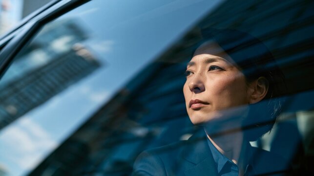 車の窓ガラス越しに見る物憂げな表情をしたスーツ姿の女性