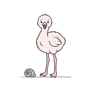 Cute baby flamingo chick standing next to a seashell, hand drawn vector illustration.