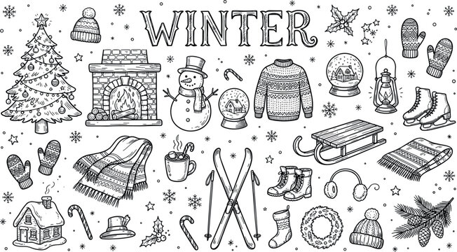 Cozy winter season hand drawn doodle layout featuring holiday tree fireplace snowman ski equipment and warm clothing graphics.