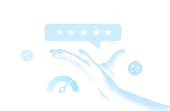 Excellent customer service quality and satisfaction feedback hand with five star rating review isolated on transparent PNG background