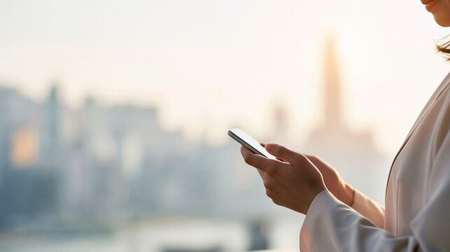 美しい都会の夕景をバックにスマートフォンを優しく見つめる女性
