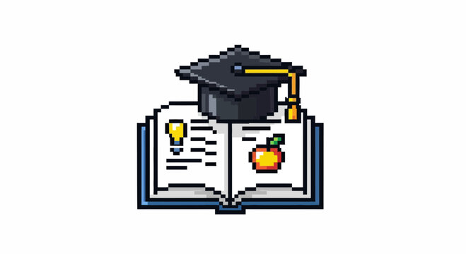 Pixel art open book with graduation cap and apple