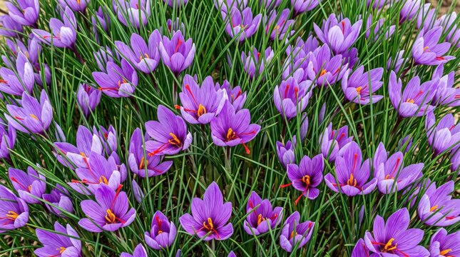 Field of blooming purple crocus flowers with vibrant orange stigmas and long green grass blades, top-down view of a dense spring flower patch