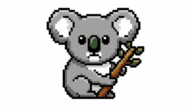 Cute pixel art koala holding a eucalyptus branch