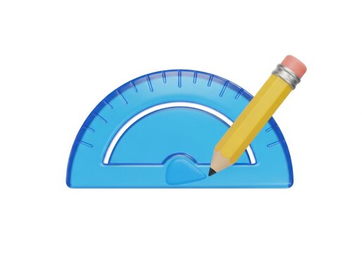 Blue protractor and yellow pencil icons isolated on white background