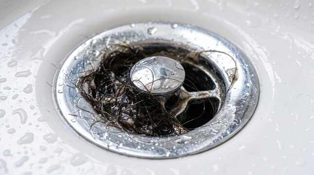 Clogged sink drain filled with hair and soap scum, bathroom maintenance issue, plumbing problem, hygiene concern, water drainage obstruction, household cleaning challenge
