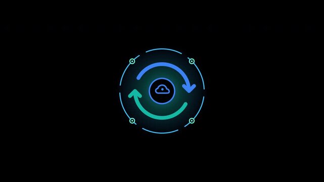 Cloud data sync and transfer icon in glowing HUD style, motion graphics, animation concept