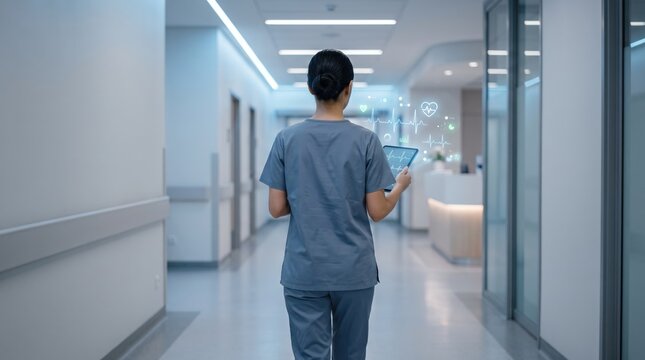 Rear view of female nurse in scrubs walking down hospital corridor holding tablet with digital heart rate monitor overlay showing medical technology concept.