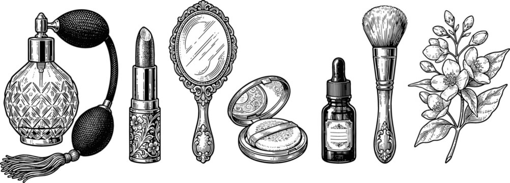 Hand Drawn Vintage Cosmetics and Beauty Makeup Icon Set with Perfume Bottle Lipstick Hand Mirror Powder Compact Dropper Brush and Jasmine Flower