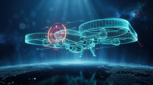 A futuristic digital drone in an ethereal blue-lit environment with advanced technology.