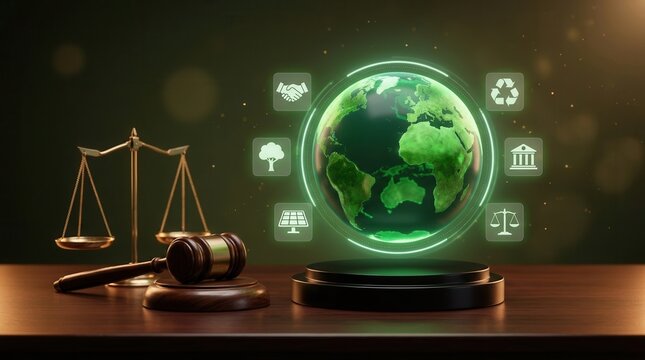 A green holographic earth globe with ESG sustainability icons, a judge gavel, and scales of justice on a wooden desk.