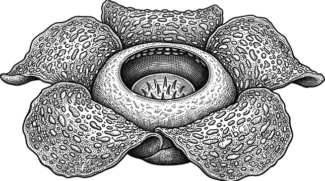 Detailed Rafflesia Arnoldii Corpse Flower Vector Illustration Featuring Vintage Woodcut Engraving Line Art Style for Scientific Botanical Textbook Diagrams