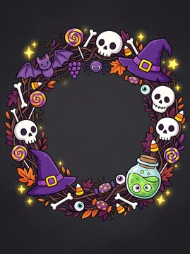 Vertical Halloween frame border with witch hats, skulls, bats, potion jar, and treats on a dark blackboard texture background with copy space in center.