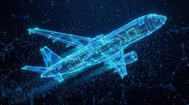 A transparent wireframe outline of a futuristic blue airplane symbolizing advanced aerospace engineering.