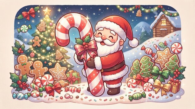 Cute santa claus holding a giant candy cane in a magical winter scene
