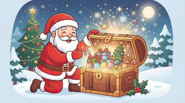Happy santa claus opening a treasure chest full of christmas gifts