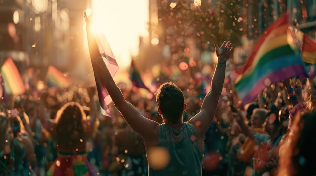 Crowd waving rainbow flags at pride parade at golden sunset