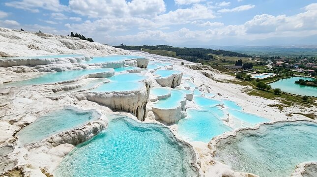 Natural White Travertine Terraces with Stunning Turquoise Thermal Mineral Water Pools under Blue Sky Landscape