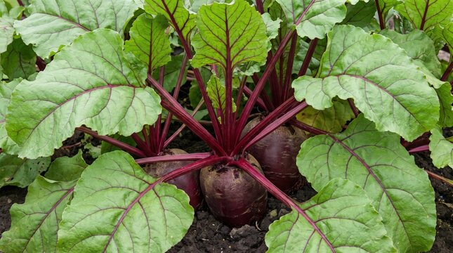 Fresh red beetroots with vibrant green leaves and dark purple stems growing in dark soil in a garden, close-up view of organic root vegetables in the ground