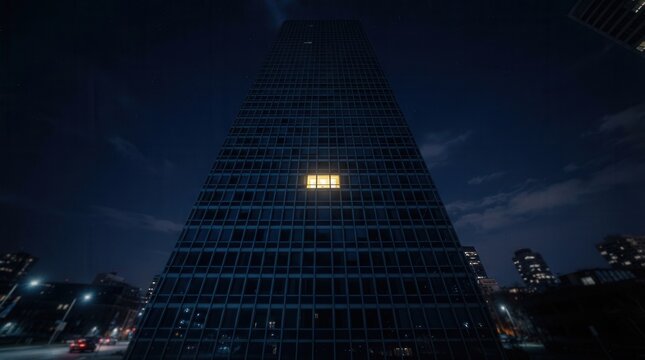 Alone at Work: Late Night in a Glowing Office with Single Lone Person Working an Illuminated