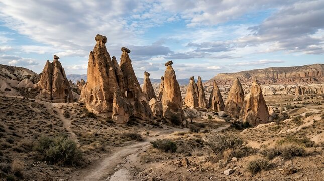 Stunning geological fairy chimney rock formations in the arid volcanic landscape of Cappadocia valley in Turkey