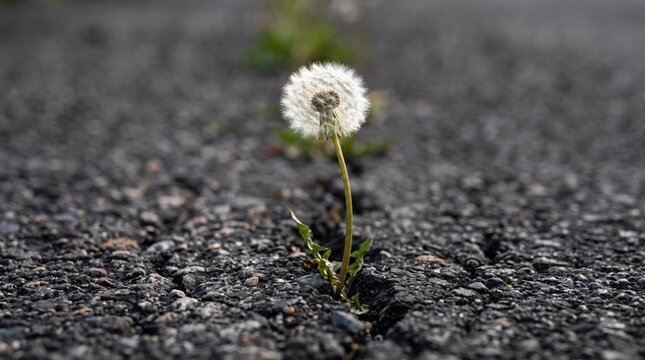Dandelion flower growing through crack in asphalt road, resilience and survival nature, urban wilderness vegetation, springtime bloom detail, white fluffy seed head, green stem