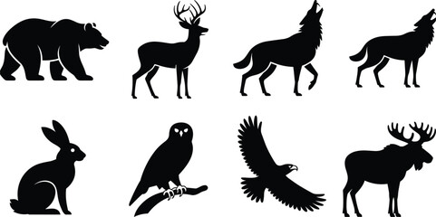 Fototapeta premium Set of black animal silhouettes featuring a bear, deer, wolf, rabbit, owl, eagle, and moose on a white background
