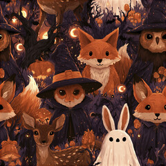 Naklejka premium Halloween forest animals collection with fox, owl, deer, and ghost rabbit in spooky night scene