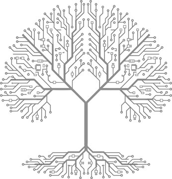 Electronic circuit board digital tree shape vector illustration for sustainable green technology future data and cyber industry concept