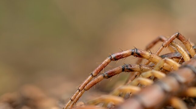 A wild brown centipede moves slowly across the dry forest floor showcasing many articulated legs that demonstrate the natural movement patterns of these predatory arthropods in their own habitat