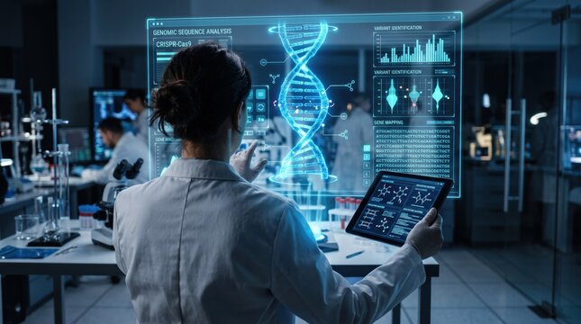 Scientist analyzing genomic sequence data on futuristic holographic display in laboratory, CRISPR Cas9 gene editing research and biotechnology innovation with digital interface
