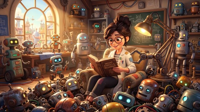 Young female inventor reading a book surrounded by cute small robots in a cozy workshop