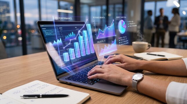 Business analyst hands typing on laptop keyboard with holographic charts showing Q3 performance revenue growth market share data analysis financial report corporate strategy