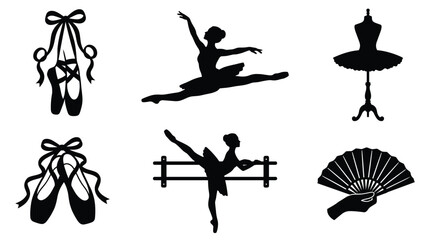Ballet dance and performance set featuring ballet slippers, a ballerina in a leap, a tutu on a stand, and a hand holding a folding fan © rina