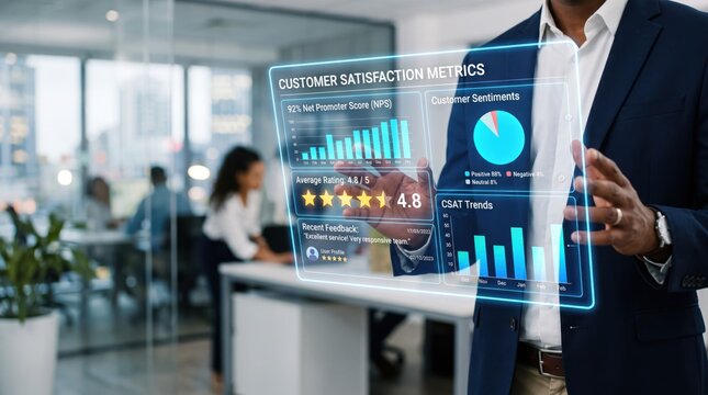 Corporate executive examining customer satisfaction metrics on transparent display screen, NPS score and sentiment analysis charts, business feedback and service quality