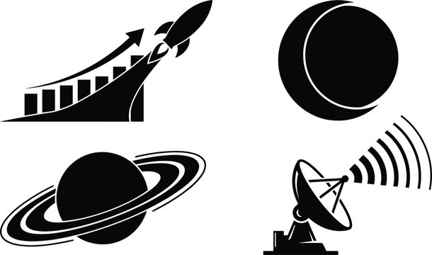 Space technology and business growth icon set featuring rocket launch bar graph crescent moon ringed planet and satellite radar dish silhouette vectors,