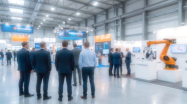 Professional business group attending industrial technology trade show exhibition observing orange robotic arm automation machinery in large bright conference hall interior with blurred background